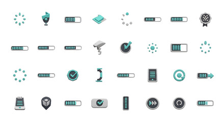 Fototapete - Vector Icons Set of Collection of 3D Rendered App Icons with Teal and Gray Accents on White. Vector Illustrations. EPS Editable