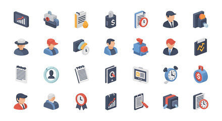 Poster - Vector Icons Set of Collection of 30 Isometric Business Icons Diverse Professionals Documents Time Management and Financial Symbols. Vector Illustrations. EPS Editable
