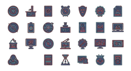 Fototapete - Vector Icons Set of Collection of 30 Diverse NeonStyle Icons Technology Security and DataRelated Symbols. Vector Illustrations. EPS Editable
