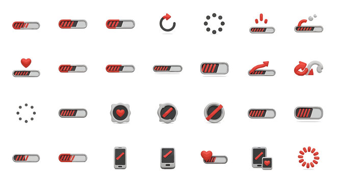 Vector Icons Set of Collection of 3D Red and Grey Loading Progress Bar Icons. Vector Illustrations. EPS Editable