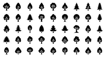 Poster - Vector Icons Set of Collection of Black Tree Silhouettes on White Background Various Styles. Vector Illustrations. EPS Editable