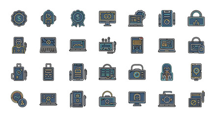 Poster - Vector Icons Set of Collection of Business and Technology Icons with Outline Style Flat Design. Vector Illustrations. EPS Editable