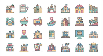 Poster - Vector Icons Set of Collection of Colorful Architectural and Urban Planning Icons with Outline Style. Vector Illustrations. EPS Editable