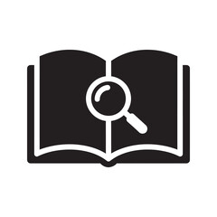 Poster - Research solid glyph icon with book and magnifying glass for study search knowledge and education information analysis and library discovery symbol vector