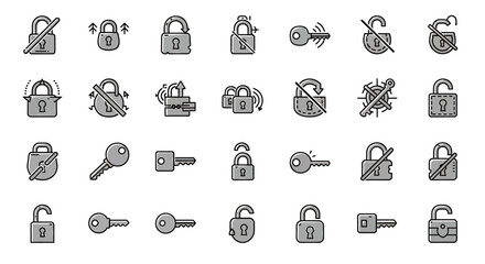 Poster - Vector Icons Set of Collection of Grey Locks and Keys in Various States of Locking and Unlocking. Vector Illustrations. EPS Editable