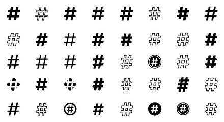 Poster - Vector Icons Set of Collection of Hashtag Symbols Diverse Styles and Variations in Black and White. Vector Illustrations. EPS Editable