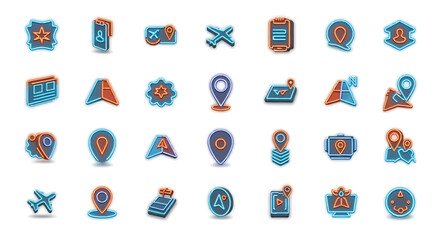 Poster - Vector Icons Set of Collection of NeonStyle Location and Travel Icons. Vector Illustrations. EPS Editable