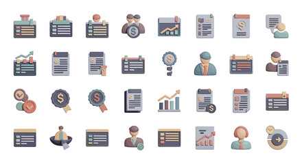 Poster - Vector Icons Set of Collection of PastelColored 3D Business Icons Showing Documents People and Charts. Vector Illustrations. EPS Editable