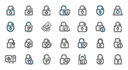 Poster - Vector Icons Set of Collection of Outline Padlock Icons with Security and Warning Symbols. Vector Illustrations. EPS Editable