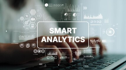Poster - hands typing on laptop with smart analytics graphics and data visualization for business intelligenc