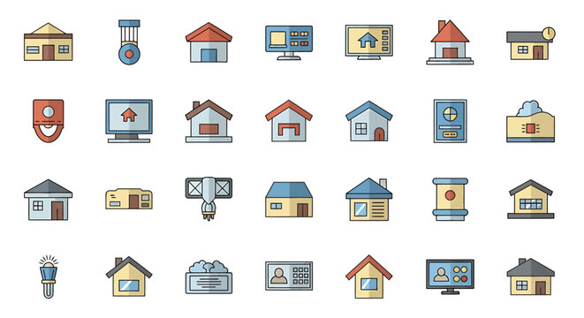 Vector Icons Set of Collection of Various Flat Design Style Icons Depicting Houses and Objects. Vector Illustrations. EPS Editable