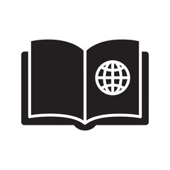 Poster - Global research solid glyph icon with book globe and magnifier for international studies and searching world information academic knowledge symbol vector