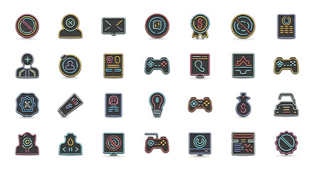 Poster - Vector Icons Set of Neonoutlined Game Controller Icon with Buttons Black and Colorful Outline. Vector Illustrations. EPS Editable