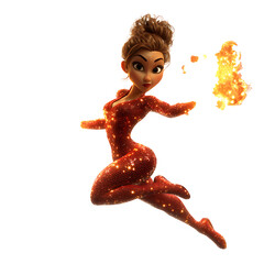 Fototapete - Animated character in a red sparkly suit leaping with fire emanating from her outstretched hand