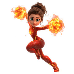 Fototapete - Animated character with fire powers in red suit striking a dynamic pose against black background