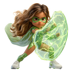 Fototapete - Cartoon superhero girl in blue costume with cape and water effect on a black background pose