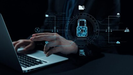 Poster - A person typing on a laptop with a futuristic digital interface featuring abstract icons and data visualizations, creating an engaging technological atmosphere. Qubit