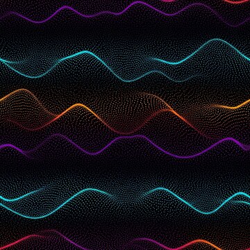 Vibrant Waveforms Abstract Network of Interconnected Dots in Teal, Orange, and Purple Overlays with a Dark Background, Emphasizing Connectivity and Dynamic Motion