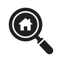 Poster - Real estate search solid glyph icon with magnifying glass over house for property finding and home inspection online search for new apartment vector