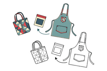 Poster - Colorful aprons and shopping bags with geometric patterns and accessories illustrated in a flat vector design
