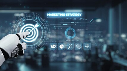 Poster - A robotic arm interacts with a virtual marketing strategy dashboard in a sleek office, showcasing advanced technology and innovative business solutions. Auvana