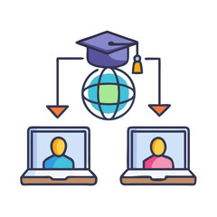 Poster - Online education concept with graduation cap over a globe connected to laptops via arrows