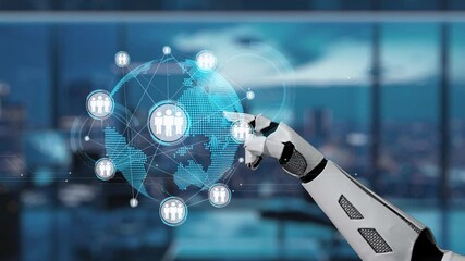 Poster - a robotic arm pointing at a digital representation of a global network, showcasing the connection of