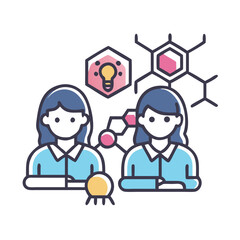 Poster - Scientific Research and Collaboration: Two Women Innovating in a Flat Vector Illustration