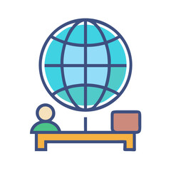 Poster - Abstract Office Scene with Globe, Desk, Computer, and Person on Black Background