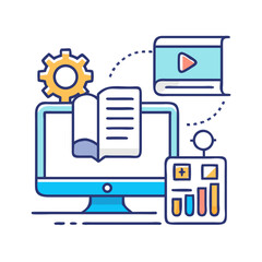 Fototapete - Technology and Automation Vector Illustration: Computer, Gear, Video, Document, Analytics for Business Solutions