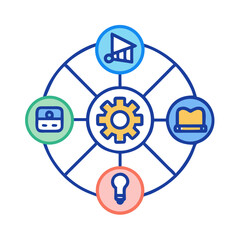 Poster - Circular Flowchart of Business Elements with Central Gear Icon on Black Backdrop