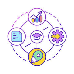 Poster - Connected Business Concepts: Graph, Document, Education, and Startup Icons in Circular Flow with Bold Colors