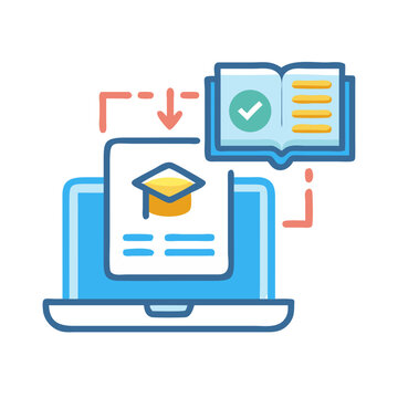 Online Education Icon: Laptop, Graduation Cap, Book and Arrow for E-learning