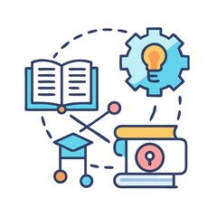 Poster - Knowledge sharing and innovation concept with books, gear, light bulb and graduation cap illustration