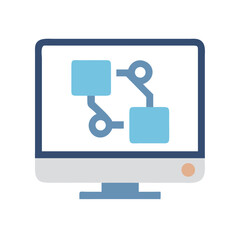 Fototapete - Modern Computer Monitor Displaying Connection Flowchart in Soft Blues on a Black Background