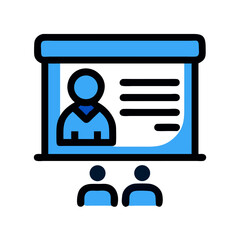 Aufkleber - Blue presentation icon with audience in flat design on black background for professional visuals