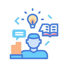 Poster - Creative thinking illustration with a person, light bulb, open book, and speech bubble on black background