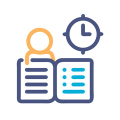 Poster - Person Reading Open Book with Clock Icon on Black Background for Education Concept
