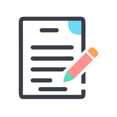 Poster - Simple stylized icon illustration depicting document with text lines and pink pencil on black background
