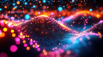 Poster - Wavy field of vibrant glowing dots, blurred background
