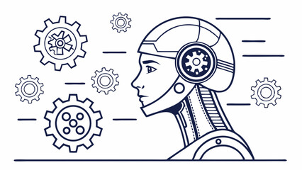 AI Robot Head with Gears. Artificial Intelligence, Technology, and Automation Concept Line Art Vector