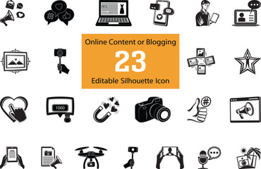 Poster - Variety style Blogging silhouette Editable Icon collection, Modern and stylish variety icon of camera, laptop, megaphone, social media followers, content creation and other, editable icon of Blogging