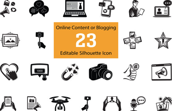 Variety style Blogging silhouette Editable Icon collection, Modern and stylish variety icon of camera, laptop, megaphone, social media followers, content creation and other, editable icon of Blogging