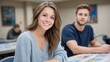 © Nitchalee N. - Art and design learning, trip, Two young adults smiling and sitting at desks in a bright classroom or study environment.