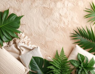 Poster - Cozy flat lay of plant and sweater on plush background with warm hues and filtered softness
