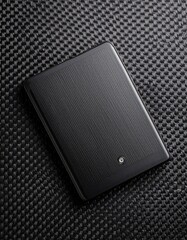 Poster - Elegant flat lay of a black tablet on a black background with deep shades and textured surface