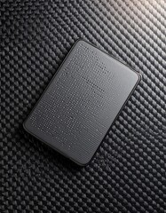 Poster - Elegant flat lay of a black smartphone on a black background with deep shades and texture