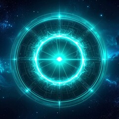 Poster - Circle featuring a glowing star at the center in a futuristic sci-fi style with turquoise glow