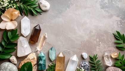 Poster - Variety of colorful crystals and beautiful flowers on a natural granite surface display
