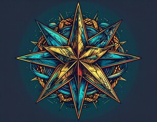 Poster - Abstract nautical star design set against a vibrant blue background in neon tattoo style